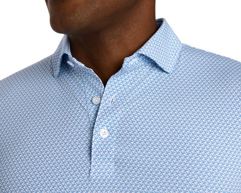 Close-up of The Justice Shirt: Harbor & Maidstone Blue featuring a spread collar and geometric print, highlighting its performance fabric with moisture-wicking and stretch properties.