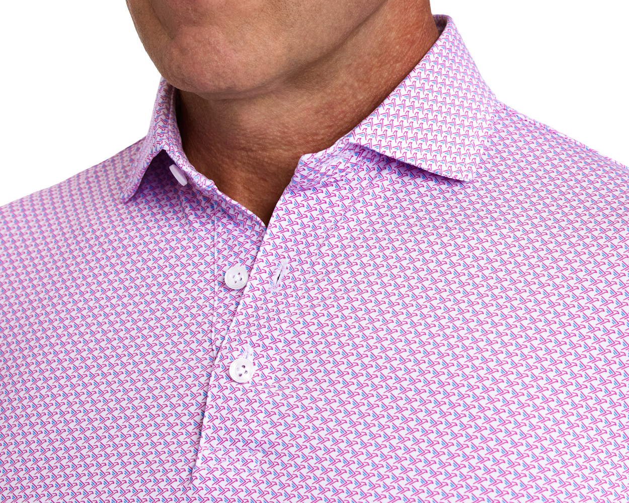 The Justice Shirt: Horizon Blue & Cabernet features a geometric pattern on a light fabric, button-up design, with a structured collar and performance jersey material.