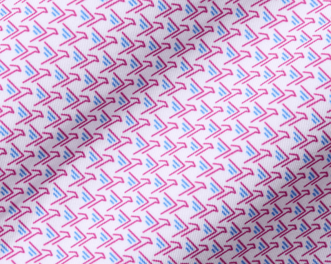 The Justice Boys Shirt: Horizon Blue & Cabernet features a close-up of a geometric pattern with pink boomerangs and blue strokes on soft, performance jersey fabric.