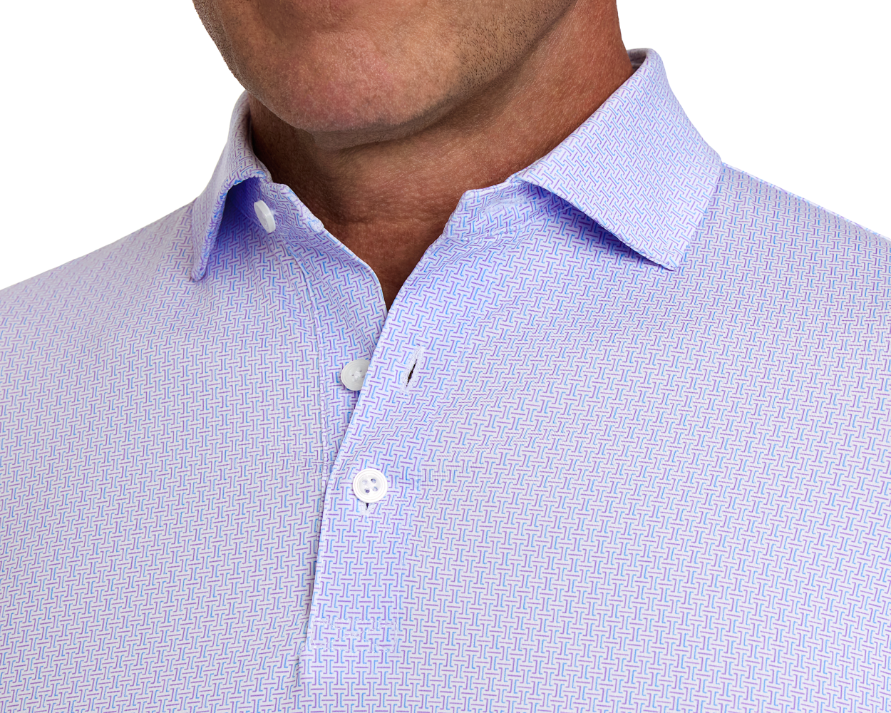 The Norwood Shirt: Vista Blue & Tudor features a geometric pattern, pointed collar, and white buttons, highlighting its sophisticated design and performance fabric.