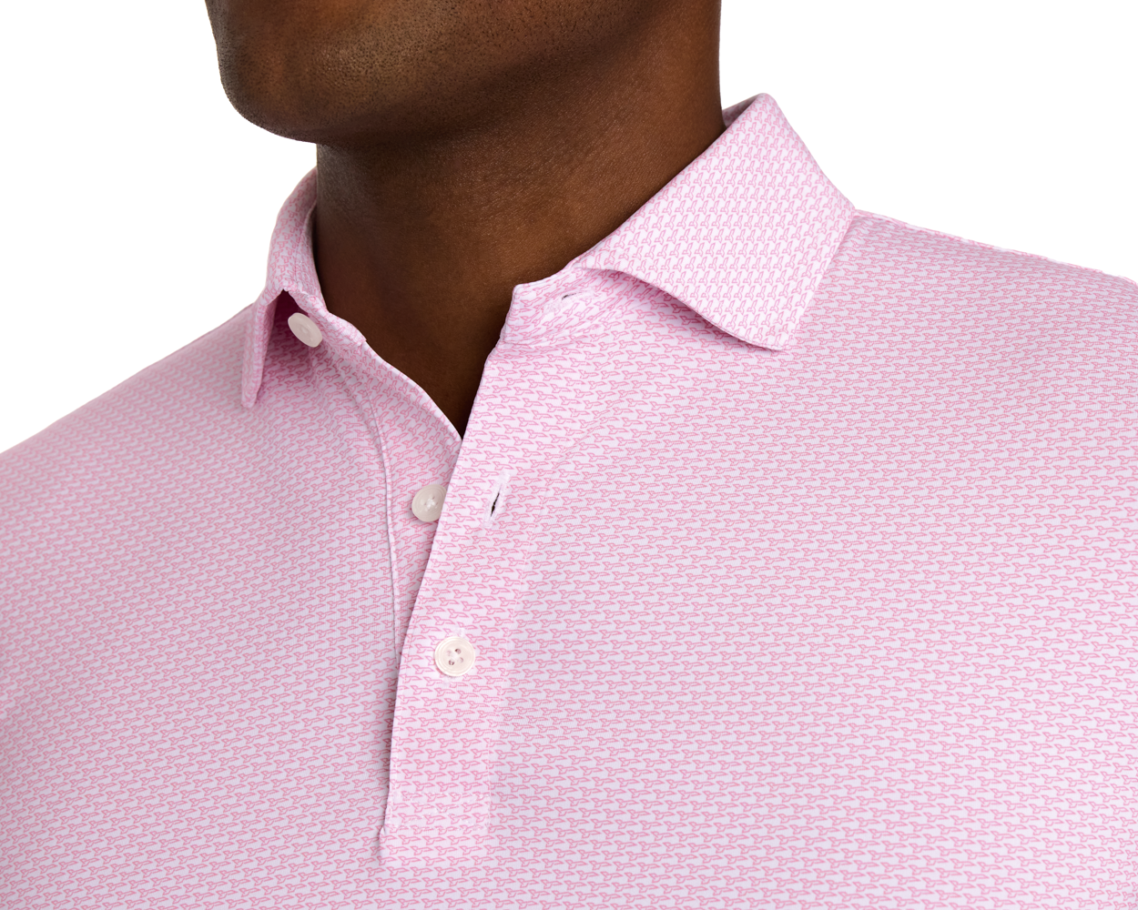 The Hanover Shirt: Belmont features a light pink, short-sleeve polo with geometric pattern, pointed collar, and button placket, ideal for performance and comfort.