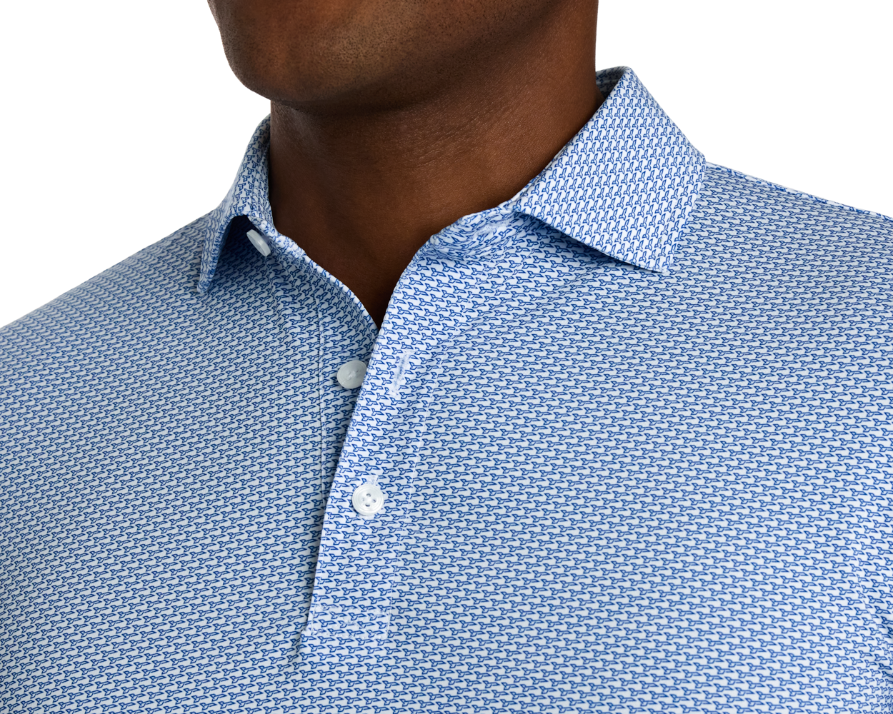 The Hanover Shirt: Maidstone Blue features a light-blue polo with a geometric motif, pearly buttons, four-way stretch, and UPF 50+ protection.