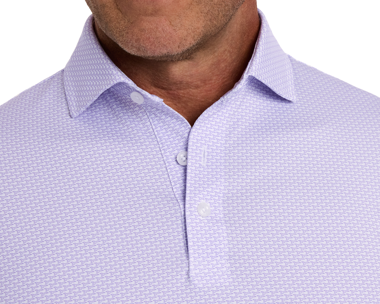 The Hanover Shirt: Tudor featuring a structured spread collar and small geometric pattern, highlighting its super-soft performance fabric with four-way stretch and moisture-wicking properties.
