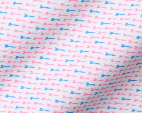 The Cadogan Shirt: Belmont & Horizon Blue, features a white knit fabric with pink and blue motifs, highlighting its breathable, moisture-wicking AIRATION® fabric and structured collar.