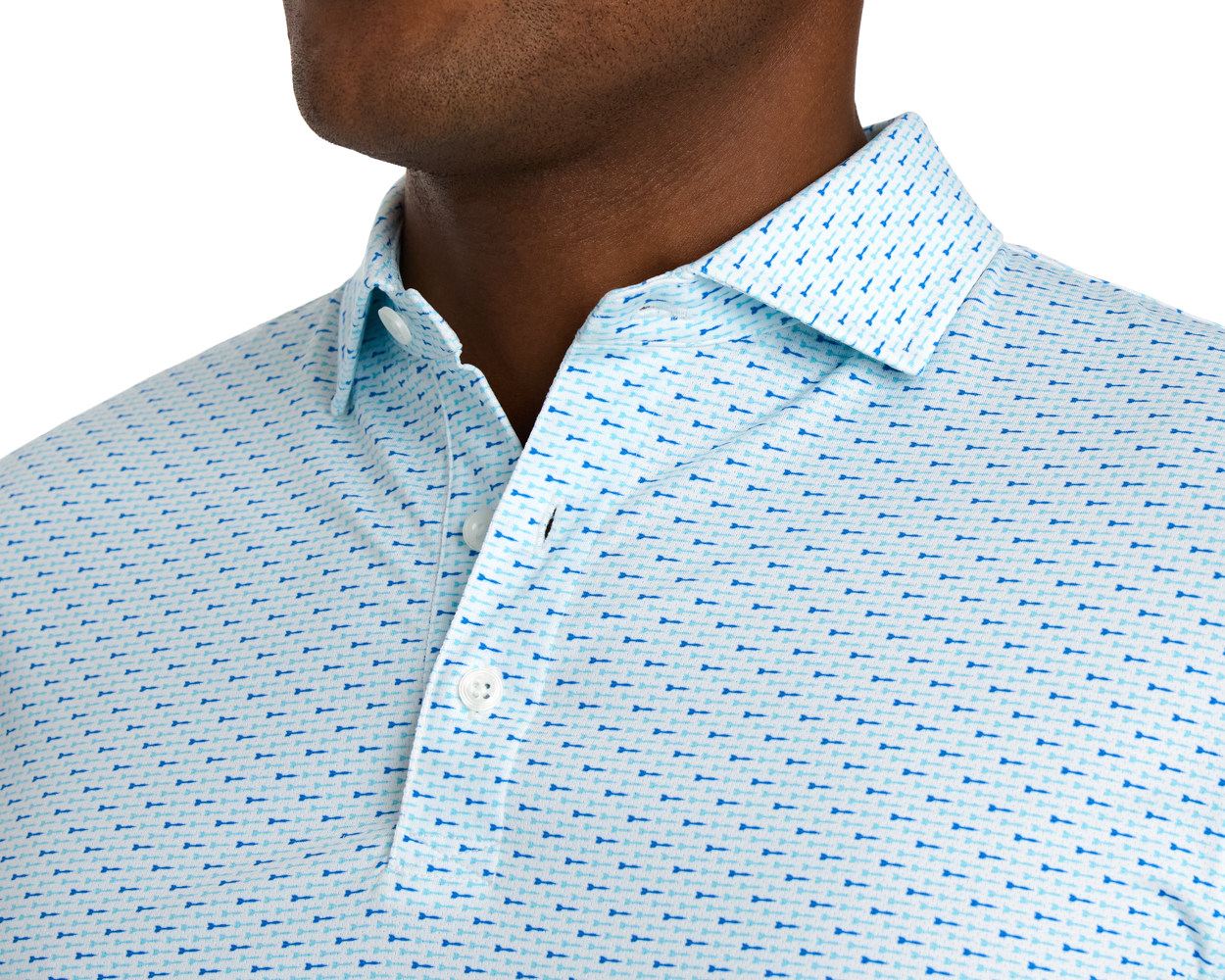 The Cadogan Shirt: Harbor & Maidstone Blue features a light-blue polo with geometric pattern, fold-over collar, and three-button placket, crafted from breathable AIRATION® fabric.