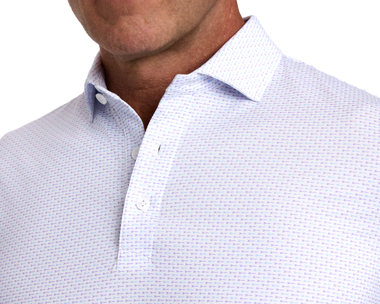 The Cadogan Shirt: Tudor & Vista Blue features a breathable polo with lilac-toned pattern, classic collar, and two-button placket.
