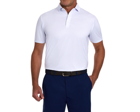 Man wearing The Cadogan Shirt: Tudor & Vista Blue, a breathable, short-sleeve polo with a structured spread collar, tucked into navy trousers.
