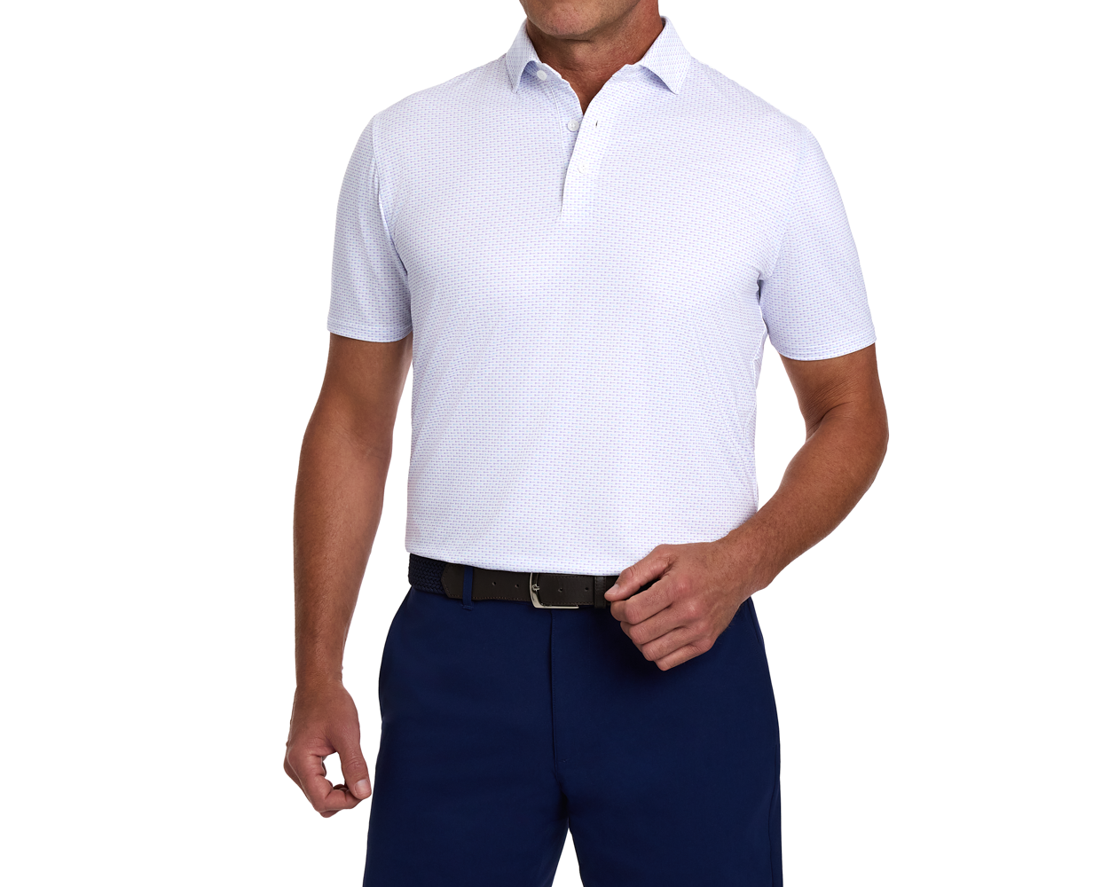Man modeling The Cadogan Shirt: Tudor & Vista Blue, featuring a light polo with micro-print, short sleeves, tucked into navy trousers, adjusting a black belt.