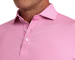 The Hicks Shirt: Belmont, featuring a geometric pattern, spread collar, and white buttons, crafted from soft, stretchy performance jersey for breathability and sun protection.