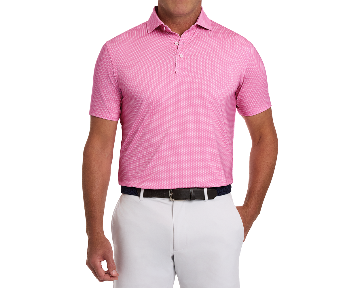 The Hicks Shirt: Belmont on model, showcasing geometric pattern, structured spread collar, and signature fit, ideal for golf with moisture-wicking and sun protection features.