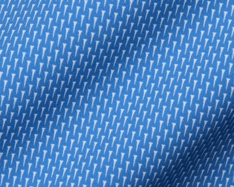 The Hicks Boys Shirt: Horizon Blue features a blue woven fabric with a subtle white arrow motif, perfect for breathable comfort and style.