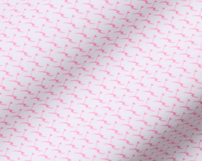 The Atwood Boys Shirt: Belmont features a white fabric with a tiny pink flamingo pattern, offering comfort and protection with performance jersey material.