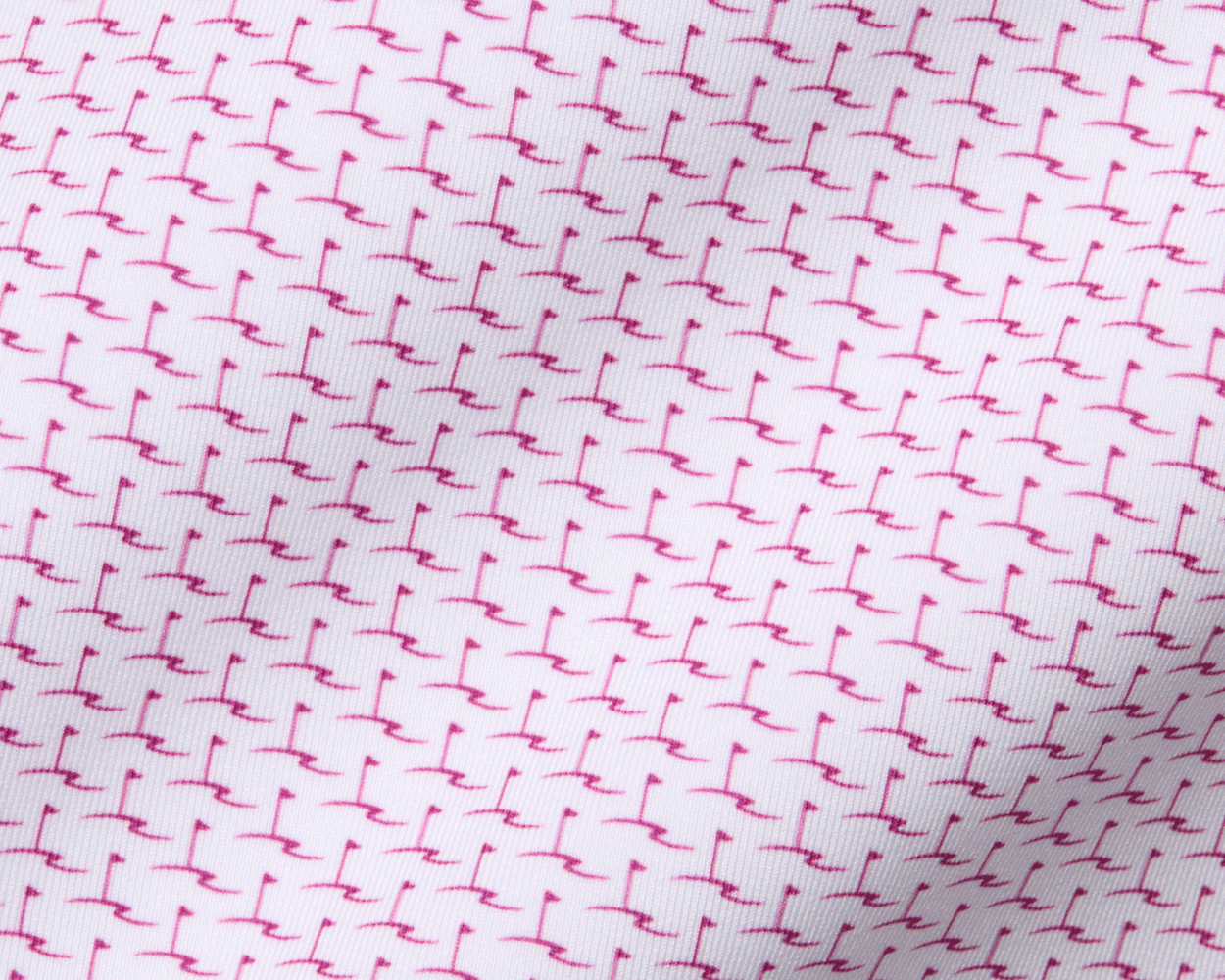 The Atwood Shirt: Cabernet featuring a white knit fabric with a small, pink motif pattern, ideal for golf, offering breathability, moisture wicking, and UPF 50+ protection.