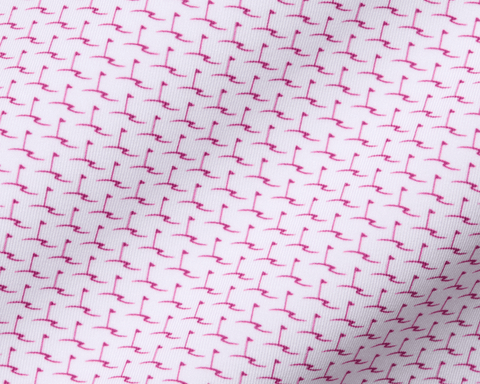 The Atwood Shirt: Cabernet featuring a white knit fabric with a small, pink motif pattern, ideal for golf, offering breathability, moisture wicking, and UPF 50+ protection.