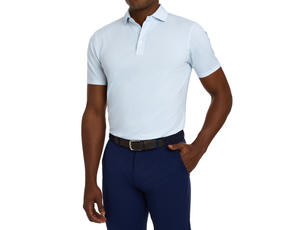 The Atwood Shirt: Harbor, a light blue polo with pins and greens pattern, offers moisture-wicking, breathable comfort, and UPF 50+ protection, ideal for warm days.