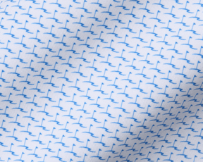 The Atwood Boys Shirt: Horizon Blue features a white woven fabric with a tiny, stylized blue bird motif, offering breathability, moisture-wicking, and UPF 50+ protection.
