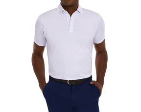 Man wearing The Atwood Shirt: Tudor, a short-sleeve polo with a subtle micro-pattern, paired with navy trousers and a black belt, hands in pockets.