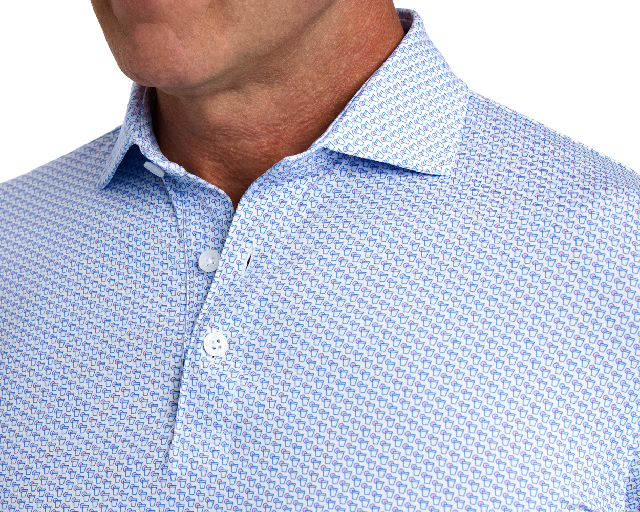 The Fulton Shirt: Belmont & Horizon Blue features a white polo with blue thumbs up print, showcasing a structured collar and performance jersey fabric.