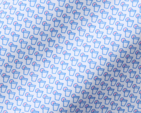 The Fulton Shirt: Belmont & Horizon Blue features a subtle cocktail pattern with line-drawn glasses, perfect for warm-weather comfort and style.