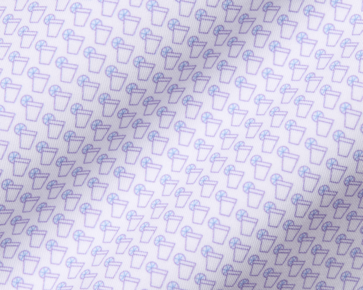 The Fulton Shirt: Vista Blue & Tudor with a repeating stylized drink glass pattern, showcasing its textured, soft performance jersey fabric perfect for warm weather.