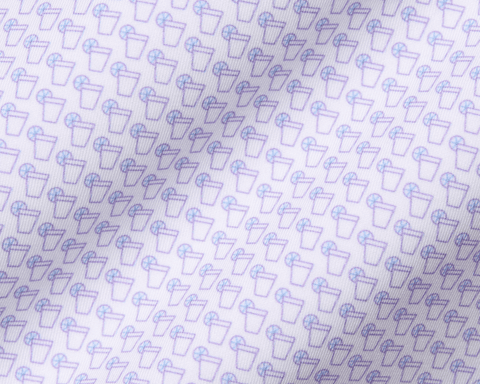 The Fulton Shirt: Vista Blue & Tudor with a repeating stylized drink glass pattern, showcasing its textured, soft performance jersey fabric perfect for warm weather.