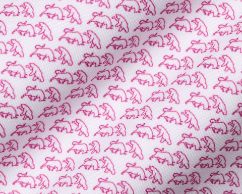 The Berkeley Shirt: Cabernet features a white woven fabric with a pink bull-and-bear pattern, offering four-way stretch, moisture wicking, and UPF 50+ protection.