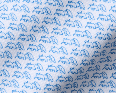 The Berkeley Shirt: Maidstone Blue features a soft jersey with blue anteater motifs, structured spread collar, and offers stretch, moisture wicking, and sun protection.