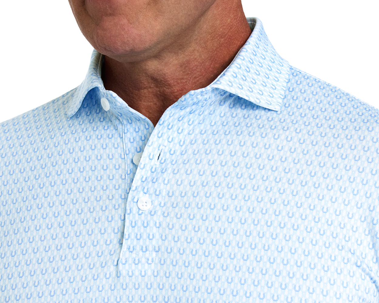 The Rivers Shirt: Vista Blue & Horizon Blue, featuring a subtle horseshoe print on a soft, stretchy fabric with a structured collar, ideal for comfort and sun protection.
