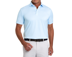 The Rivers Shirt: Vista Blue & Horizon Blue, featuring an understated horseshoe pattern, offers a relaxed, moisture-wicking fit with a structured collar for versatile comfort.