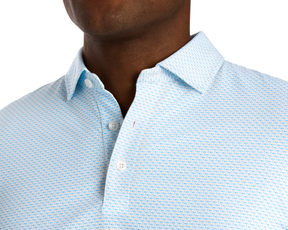 The Cromwell Shirt: Vista Blue & Horizon Blue, features a crosshatched pattern, button-down collar, and showcases advanced AIRATION® fabric for breathability and comfort.
