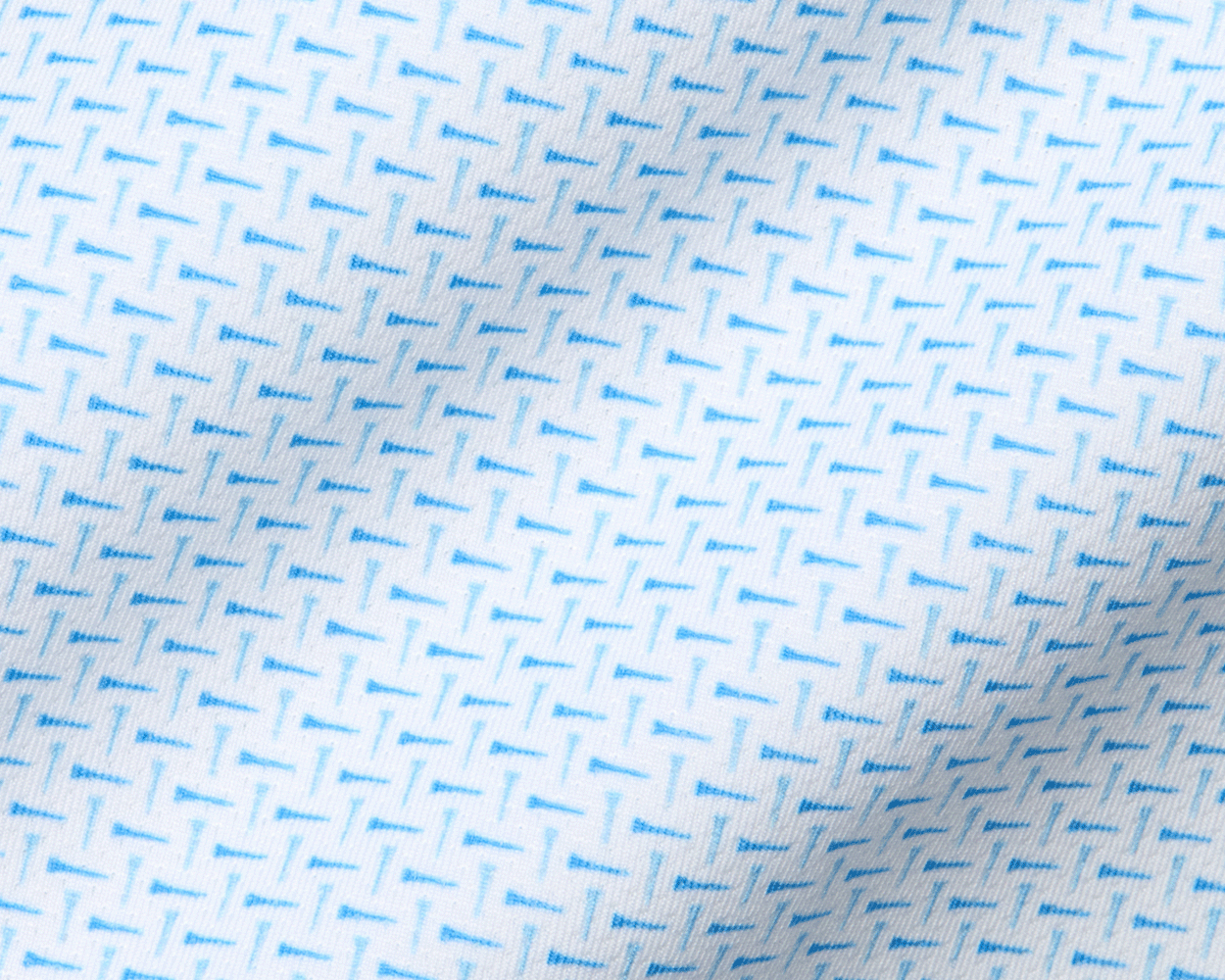The Cromwell Shirt: Vista Blue & Horizon Blue showcases a white knit fabric with light-blue T dashes, highlighting its breathable, moisture-wicking AIRATION® performance technology.