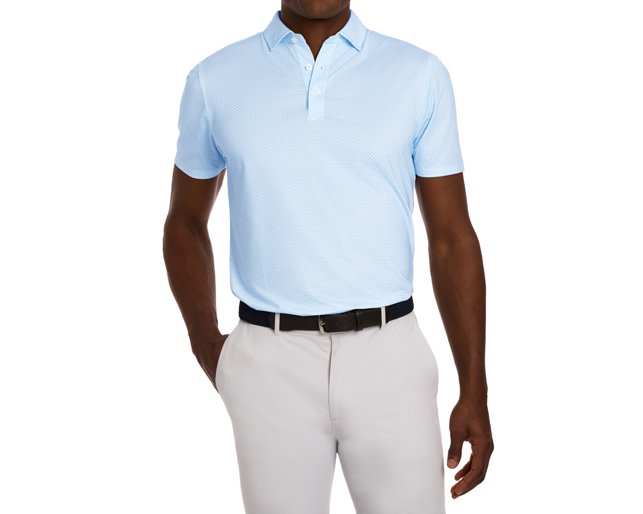 The Cromwell Shirt: Vista Blue & Horizon Blue features a crosshatched tee pattern, showcasing short sleeves and a structured spread collar, styled with gray trousers.