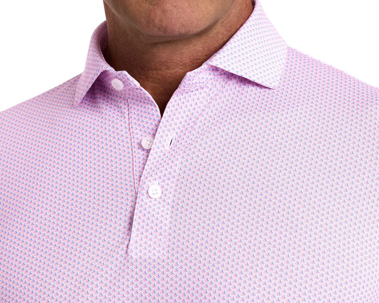 The Lennox Shirt: Belmont & Horizon Blue features a geometric pattern, a structured collar, and white buttons, offering breathable, moisture-wicking comfort for warm weather.