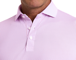 The Lennox Shirt: Belmont & Horizon Blue features a geometric pattern, a structured collar, and white buttons, offering breathable, moisture-wicking comfort for warm weather.