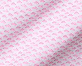 The Geiger Shirt: Belmont features a light fabric with pink fan-shaped motifs, offering breathability, moisture-wicking, and UPF 30+ protection with a structured collar.