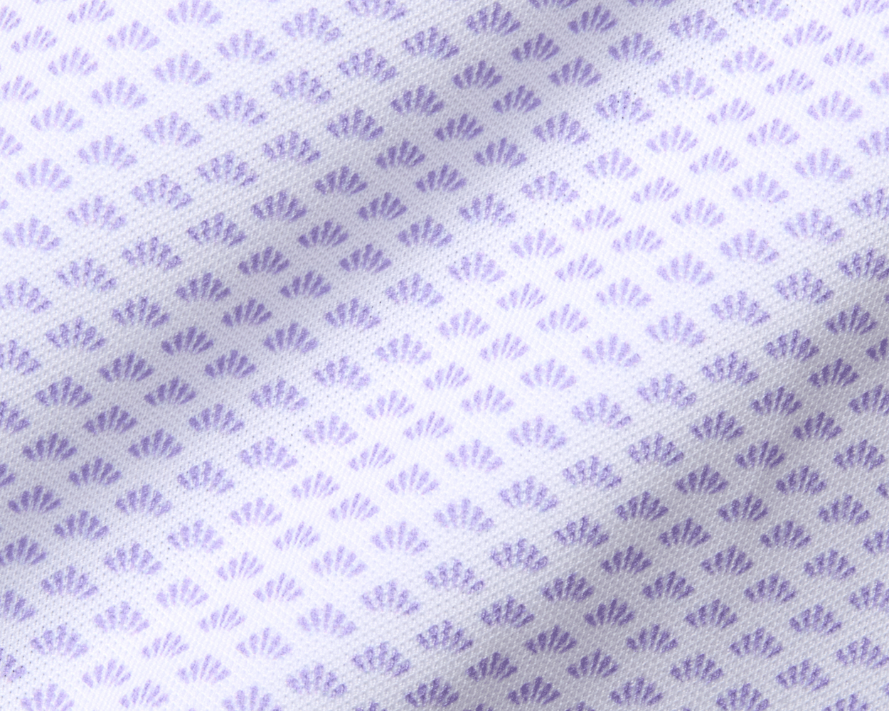 The Geiger Shirt: Tudor features a white textile with a repeating purple scallop motif, offering breathability and moisture-wicking performance with UPF 30+ protection.