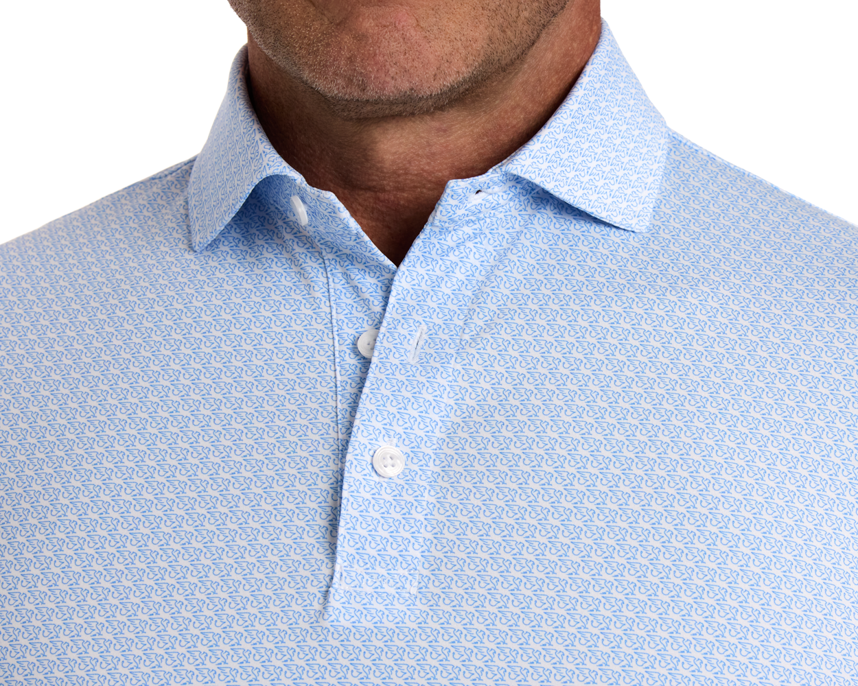 The Griffin Shirt: Horizon Blue features a light-blue polo with a subtle griffin pattern, classic collar, and three-button placket.
