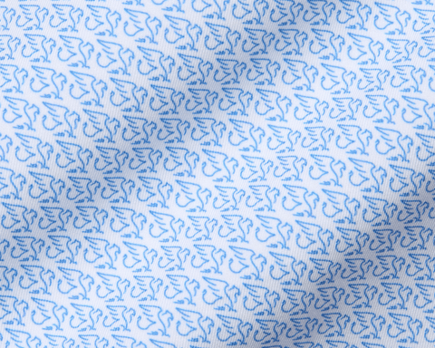 The Griffin Shirt: Horizon Blue, featuring a light blue griffin micro-pattern on white woven fabric, offering stretch, moisture wicking, and UPF 50+ protection.