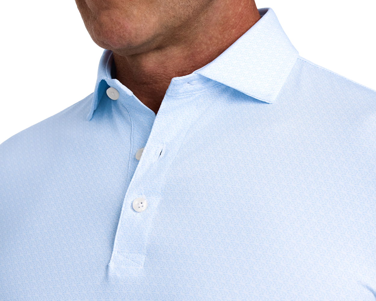 The Griffin Shirt: Vista Blue, showcasing a subtle griffin pattern, spread collar, and white buttons, worn by a model, highlighting its stylish and breathable design.