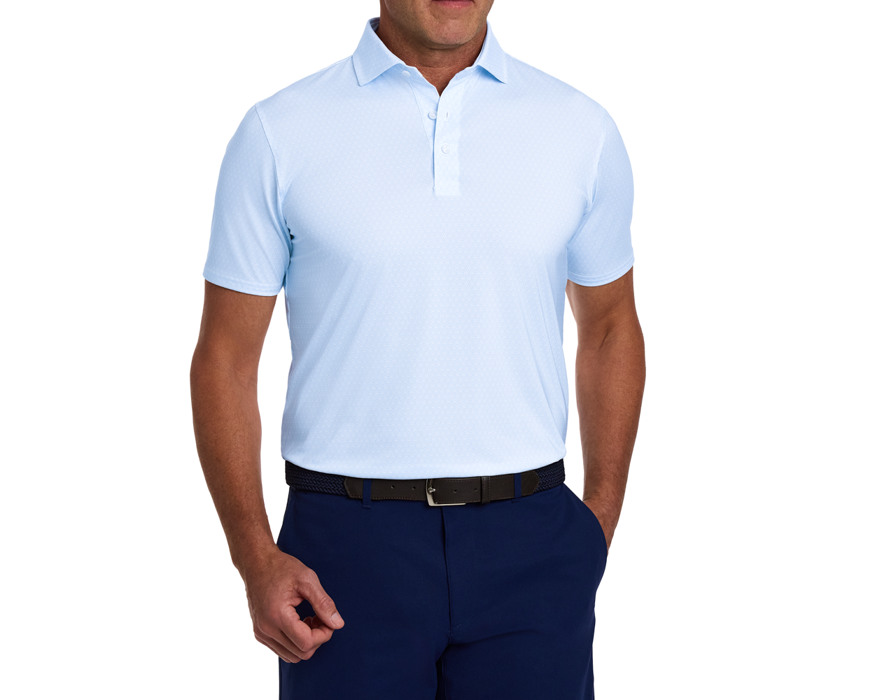 The Griffin Shirt: Vista Blue, featuring a subtle griffin pattern, on a model with navy trousers, showcasing its stylish and functional design.
