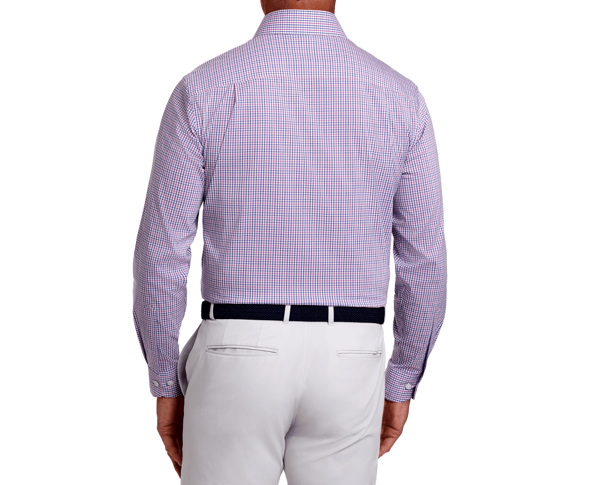Back view of The Wright Shirt: Belmont in a small pink and blue check, tucked into light trousers with a dark woven belt.
