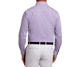Back view of The Wright Shirt: Belmont in a small pink and blue check, tucked into light trousers with a dark woven belt.
