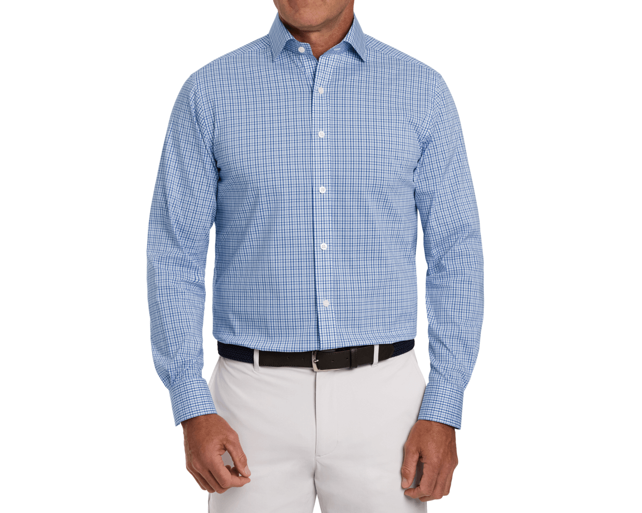 Man wearing The Wright Shirt: Vista Blue, a light blue checkered button-down with long sleeves, paired with off-white trousers and a dark leather belt.
