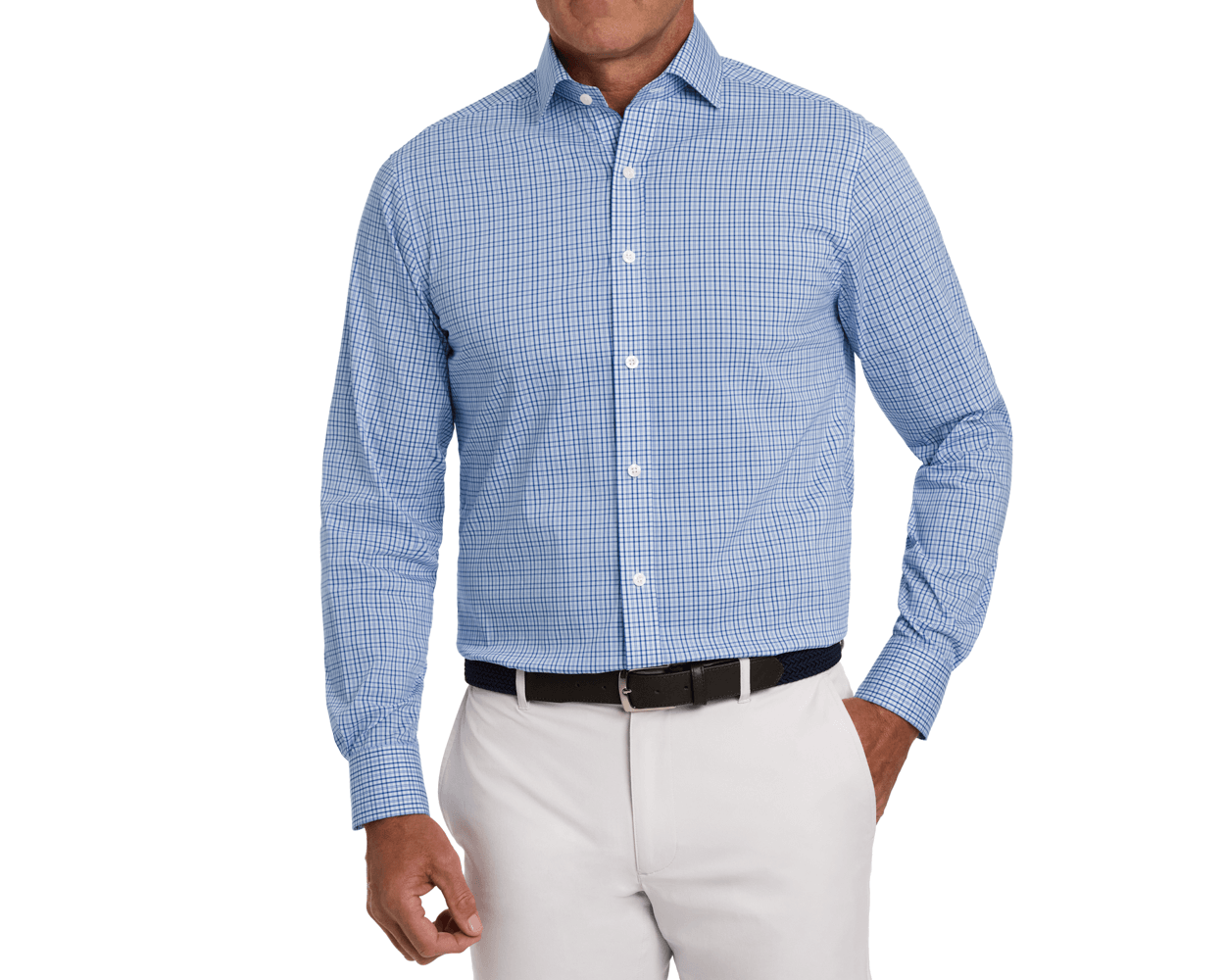The Wright Shirt: Vista Blue, a small-check dress shirt with white buttons, worn with beige trousers and a black belt, showcases polished style and comfort.