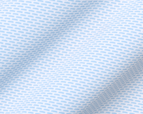 Close-up of The Goodrich Shirt: Vista Blue showing the repeating light blue and white geometric print and soft knit texture.