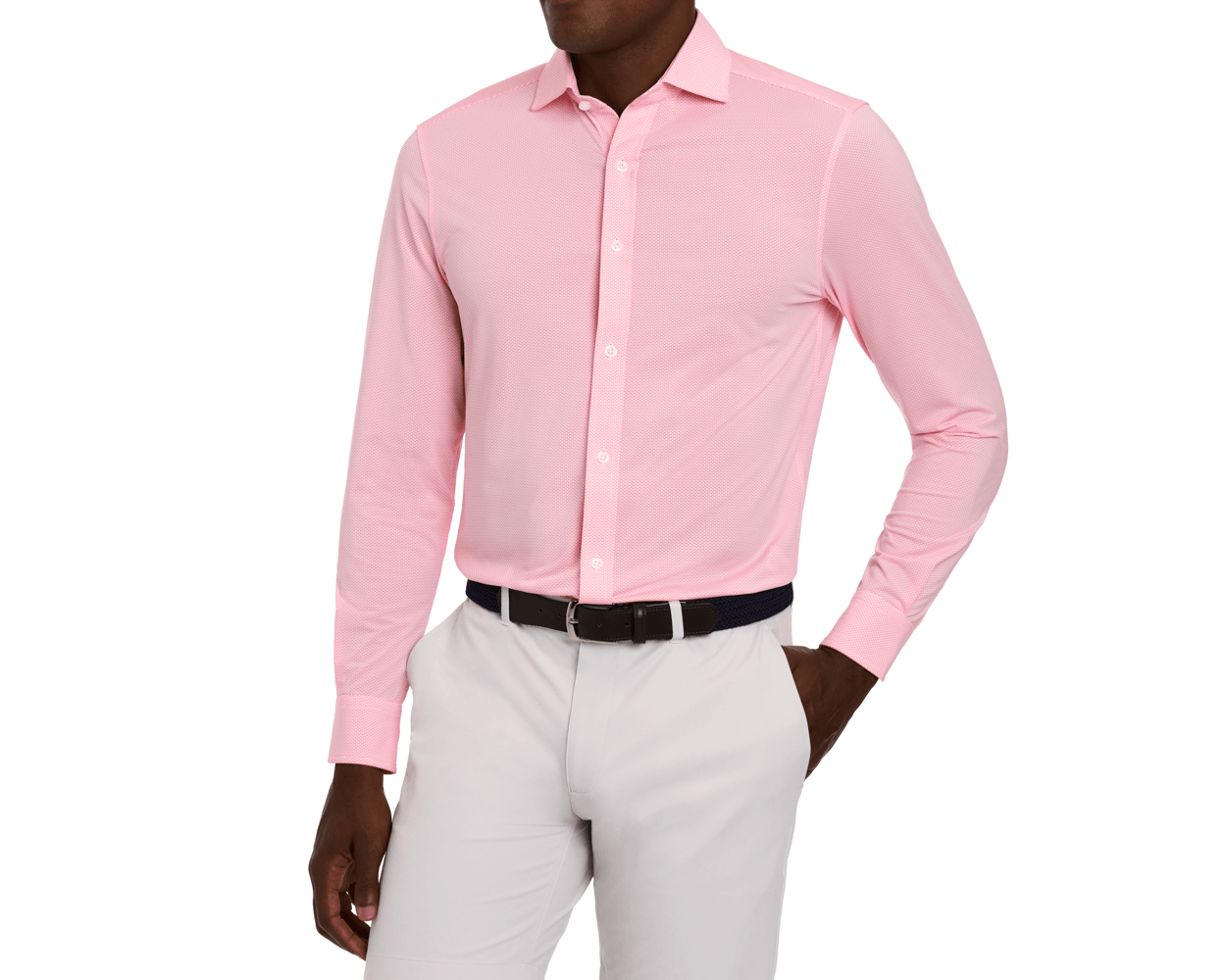 The Goodrich Shirt: Belmont, featuring a long-sleeve, button-down design in a subtle geometric print, showcases a structured spread collar and woven black belt accent.