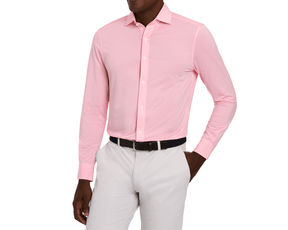 The Goodrich Shirt: Belmont, featuring a long-sleeve, button-down design in a subtle geometric print, showcases a structured spread collar and woven black belt accent.