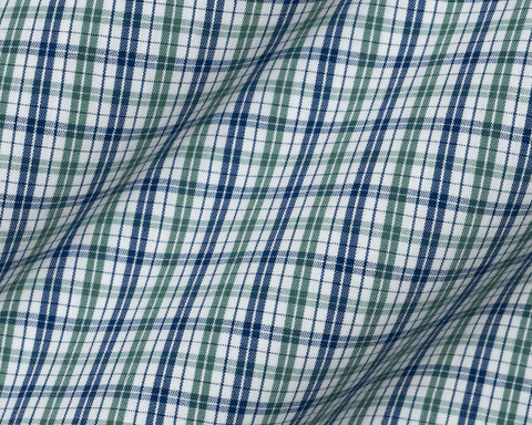 Close-up of the two-color plaid fabric of The Mendenhall Shirt: California Spruce & Navy, showing the crisp poplin weave in a layered check pattern on white.