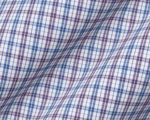 Close-up of the two-color plaid fabric of The Mendenhall Shirt: Sonoma & Pacific Blue, showing the crisp poplin weave in a layered check pattern on white.