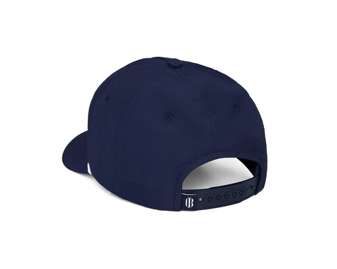 The Performance Rope Hat: Navy with Transfusion Icon, featuring a braided rope accent, six-panel design, embroidered eyelets, and adjustable snap-back closure with a B logo.